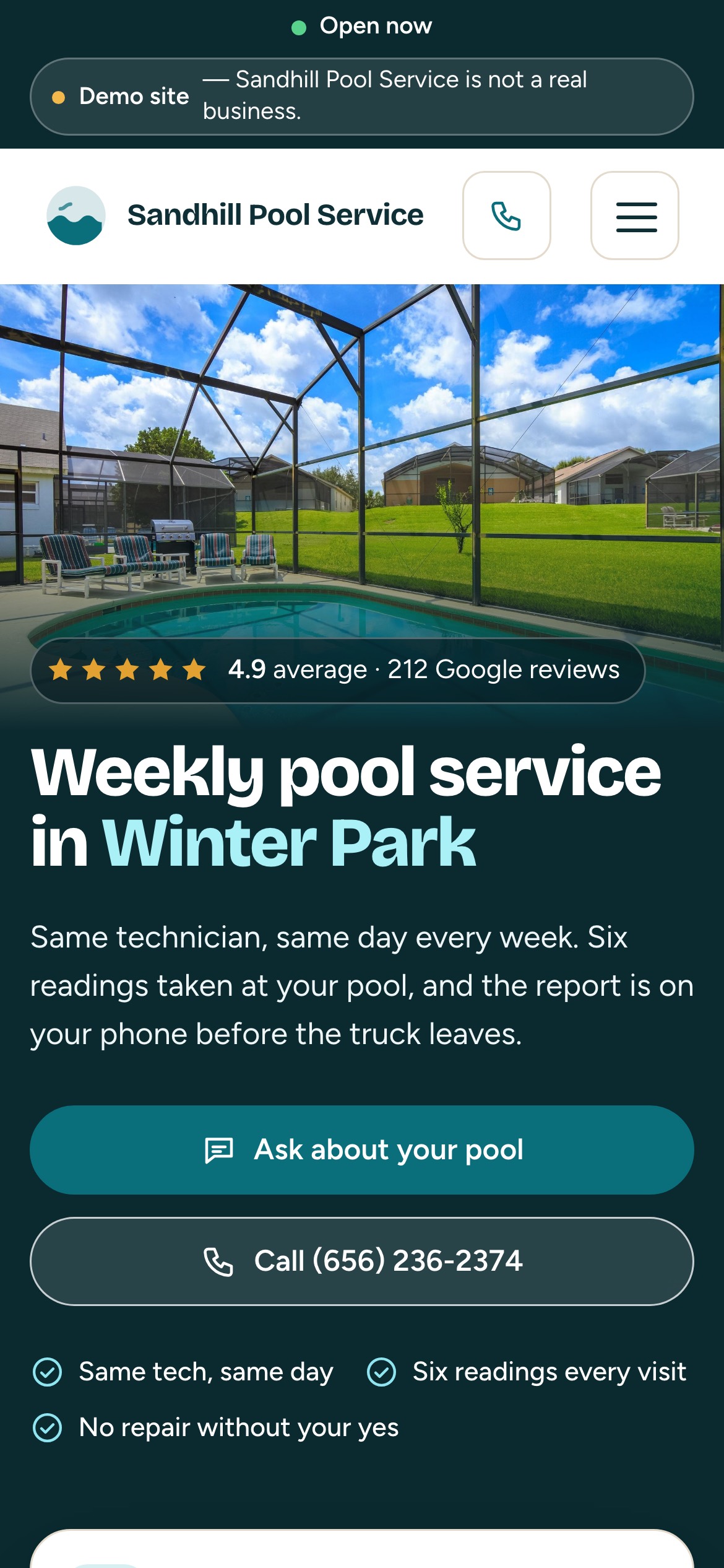 Pool service sample site, phone