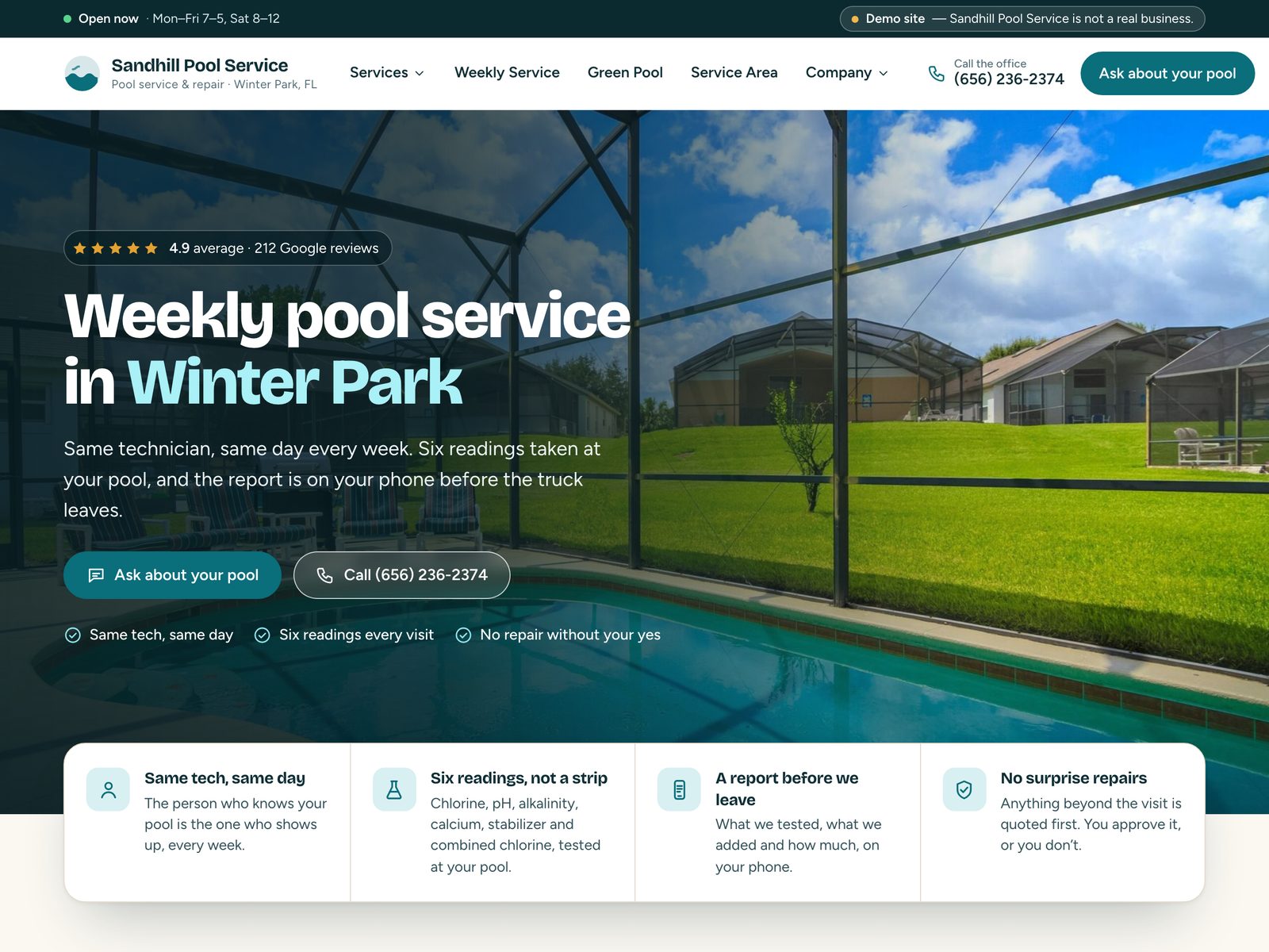 Pool service sample site, desktop